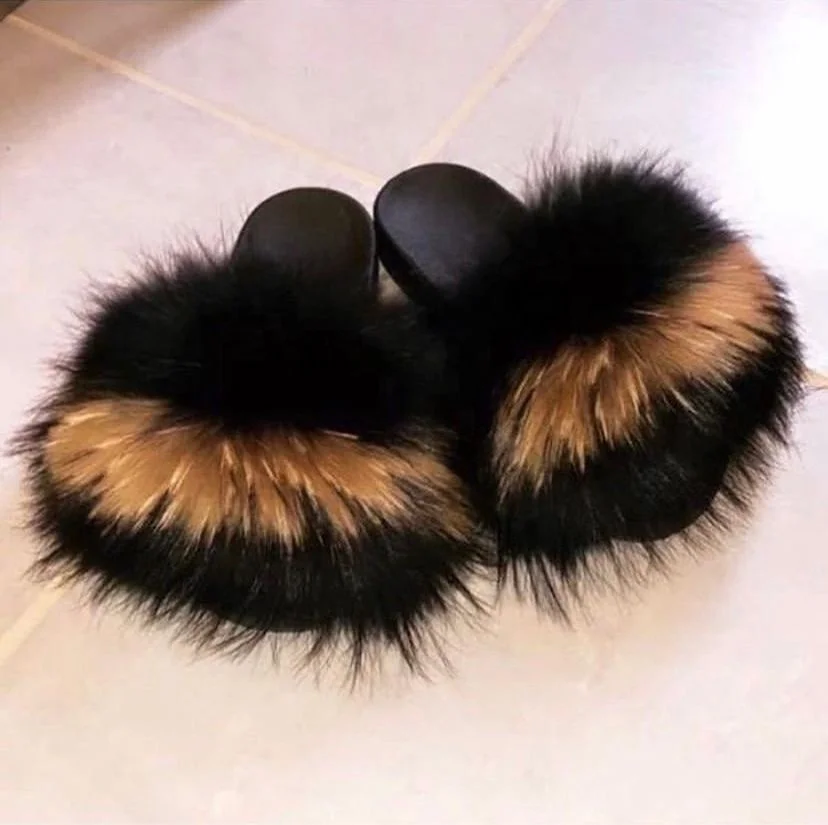 

Fluffy Sandals Ciabatte 200 Colors Raccoon Black and White Natural Brown Winter Slippers Real Fox Fur Slides for Women and Kids