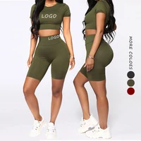 

Moisture Wicking Short Sleeve Crop Tops High Waist Women Two Piece Set Fitness Active Wear