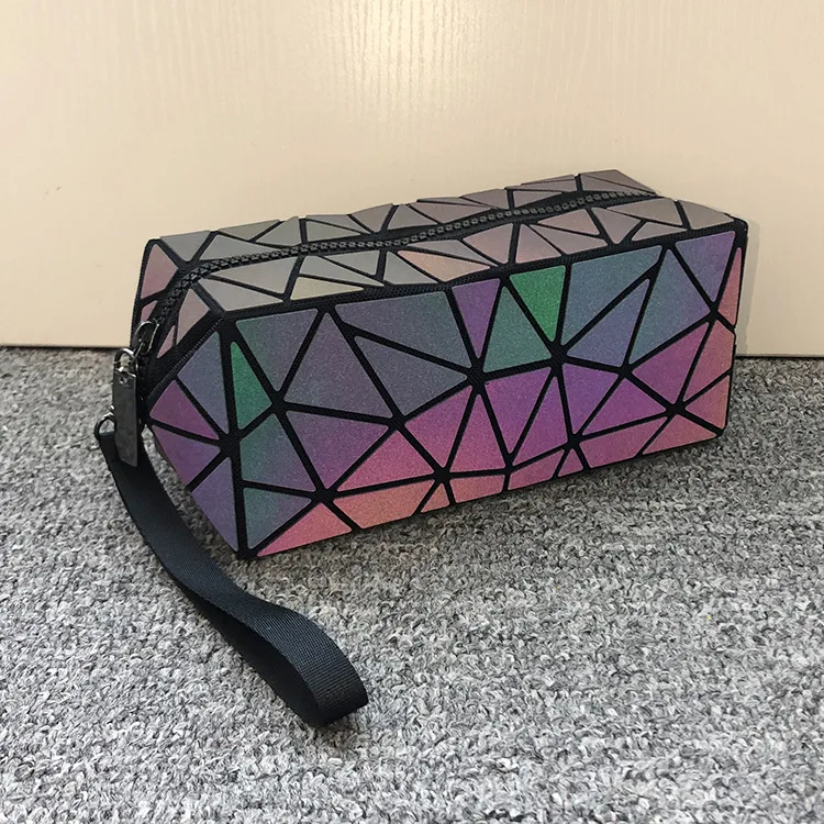 

Geometric luminous woman makeup bag foldable toiletry pouch laser PU leather holographic small cosmetic bags, Black