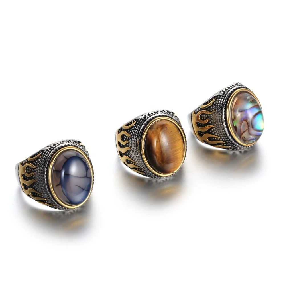 

2022 Turkey Jewelry Opal Agate Ring Vintage Men Stainless Steel Ring 7-12 Size Hiphop Steel Color Flame Pattern Tiger Eye Ring, Amethyst,tiger eye stone,opal