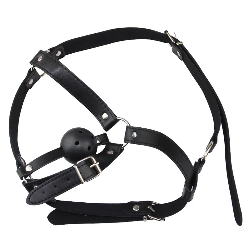 PU Head Harness Slave Fetish SM Game Play Ball Gag Bondage Open Mouth Gag Sex Toy for Men Women