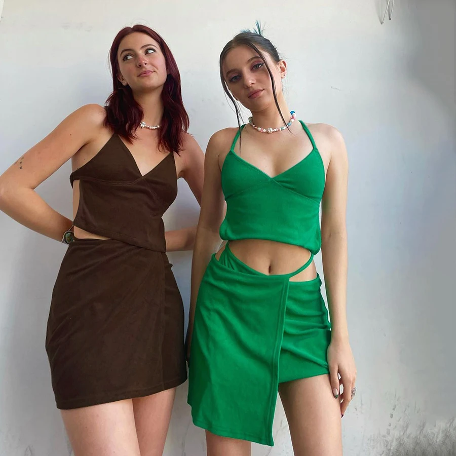 

Nibber K21S01191 Backless Sling Camisole And Aymmetric Skirt Women Two Piece Set Solid Female Casual Street Set Wholesale Custom