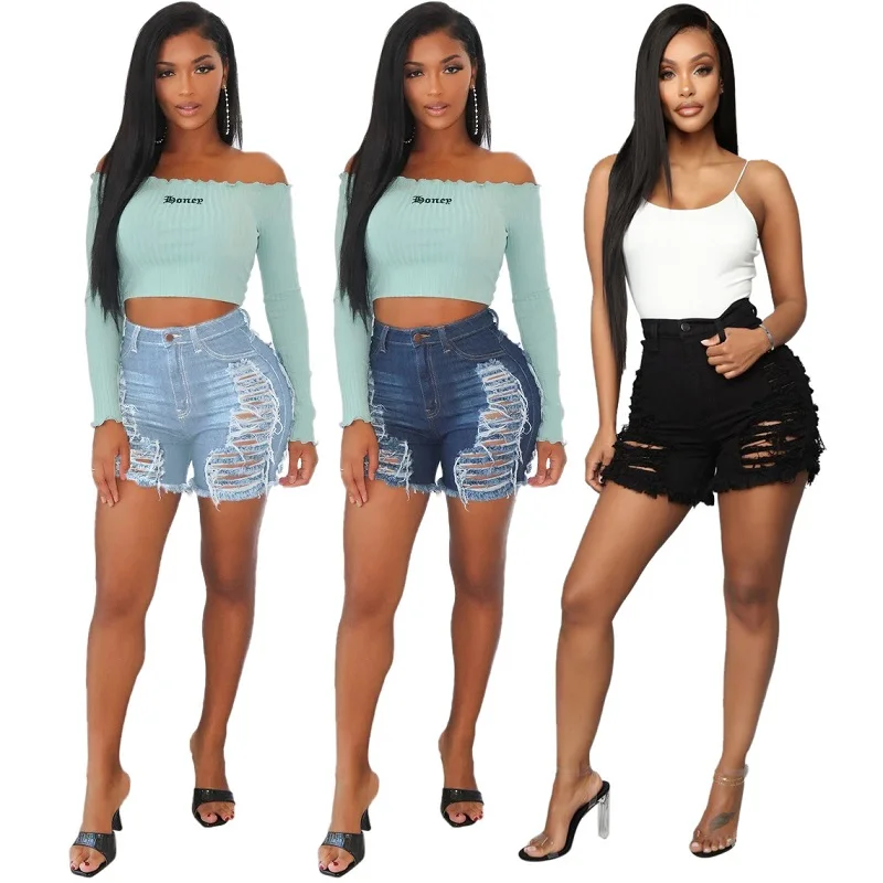 

2021 New Fashion Arrivals Summer Skinny Slim Sheath High Waist Hollow Out Shorts Jeans for Women Wholesale OEM ODM