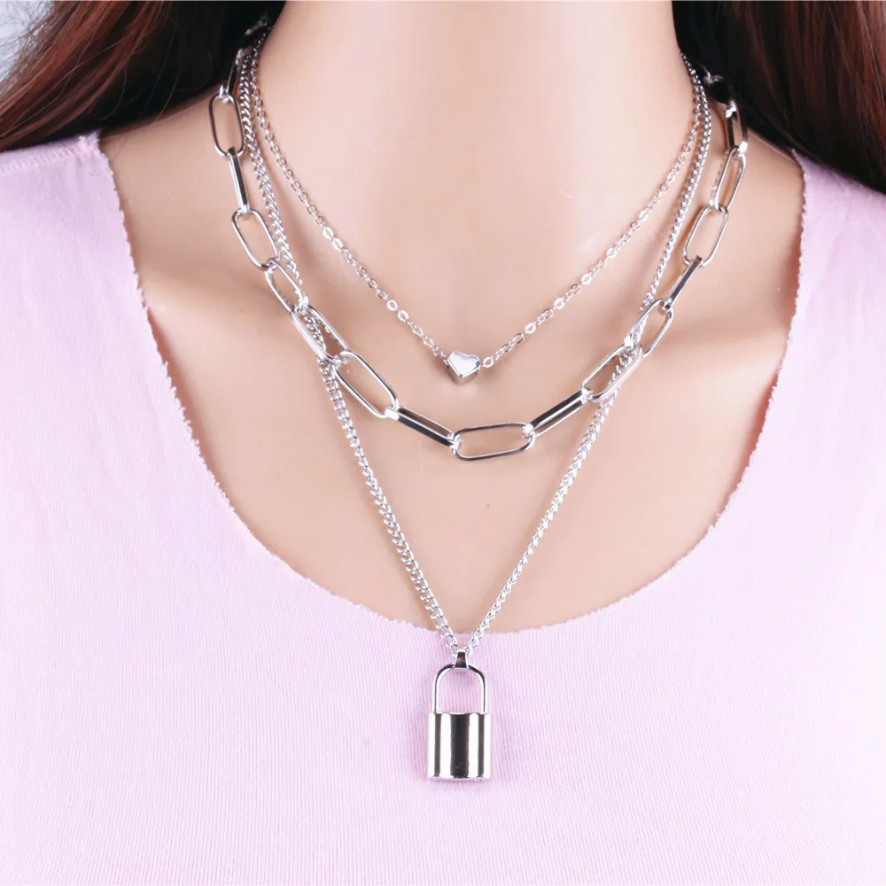 

Multi Layer Lover Lock Pendant Choker Necklace Steampunk Padlock Heart Chain locket Necklace, 2colors