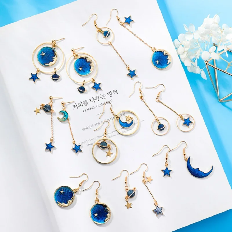 

New Fashion Blue Space Universe Moon Star Earrings For Women Gold Color Universe Planet Circle Asymmetry Long Earrings