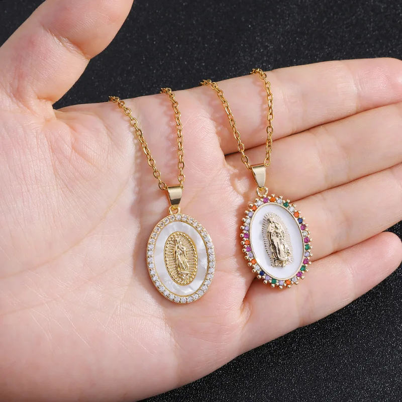 

Christian Jewelry 18K Gold Plated Virgin Mary Catholic Pendant Necklace Rainbow CZ Cubic Zirconia Virgin Mary Medal Necklace, Picture shows