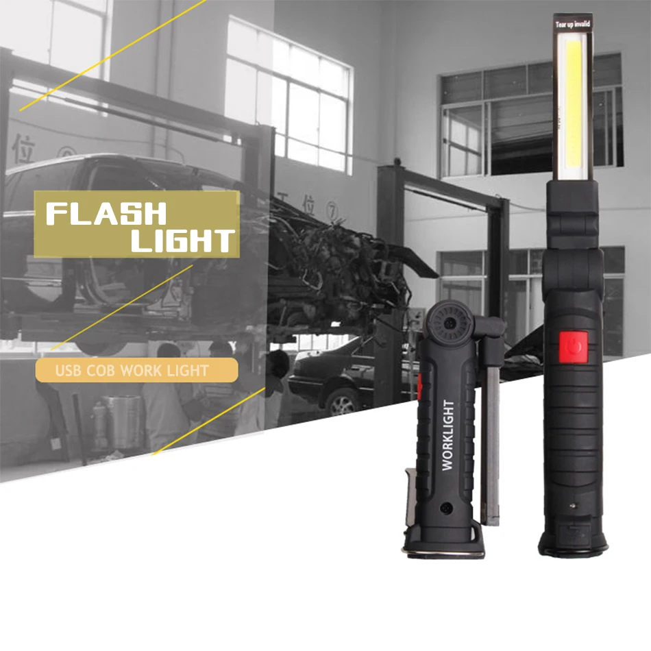 Black COB Flashlight Torch USB Rechargeable LED Work Light