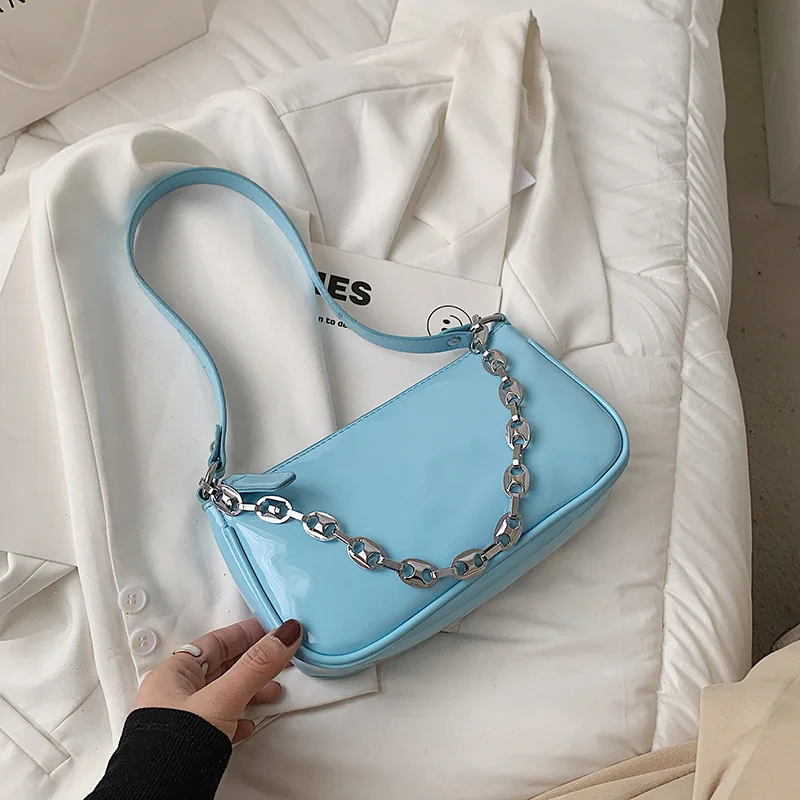 

Solid Color Girls Elegant Purse Handbags Patent Leather Women Hobos Baguette Underarm Bag Vintage Ladies Small Shoulder Bags