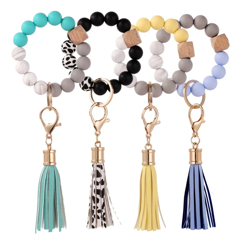 

Silicone Bracelet beaded wristlet keychain bracelet Bangle Keyring Portable House Car Keys Ring Holder Tassel, Picture