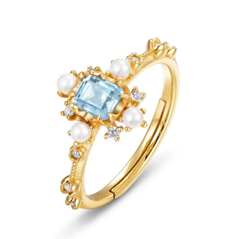 

New Design Fashionable Snowflake Noble Pearl Gold Blue Topaz Ring 925 Sterling Silver Ring Diamond Ring