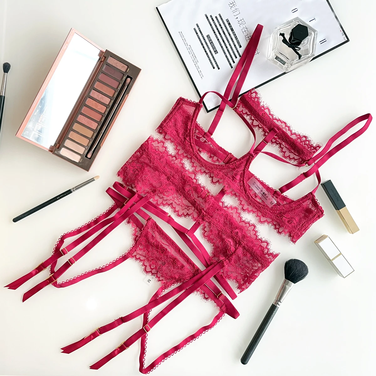 

6pcs / 1 Lot, Four-Piece Suit Women Sexy Lingerie With Lace /See Through Sexy Garter Lingerie (Red, Black, Pink)