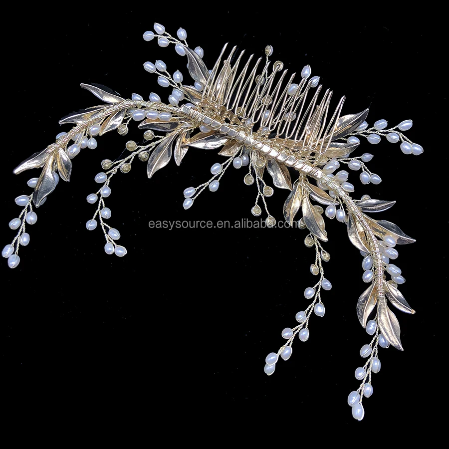 Fresh Water Pearls Bridal Hair Comb Light Gold Leaves Wedding Headpiece