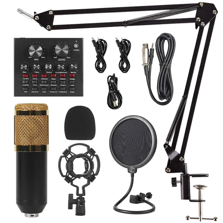 

BM800 Condenser Microphone Kit with V8 Sound Card Set for Live Streaming mike, Black+gold