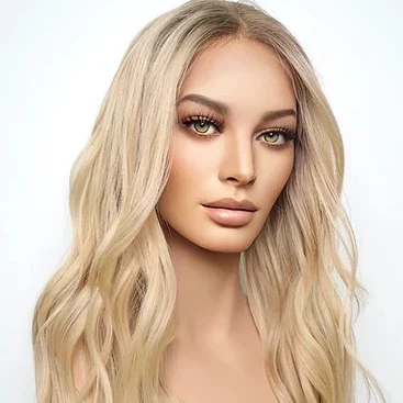 

Stock 22" blonde Premium Lace Wig Jewish wigs 100% Virgin Brazilian Remy Human Hair Wavy