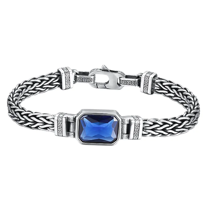 

Bracelet 925 Sterling Silver for Men Hand Braided Inlaid Blue Zircon Bracelet Retro Punk Type Male Jewelry