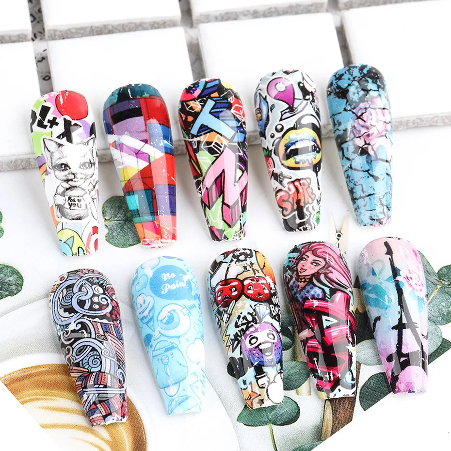 

High Quality Transfer Nail Art Foil Sticker Doodle Cartoon Characters Customized Nail Art Sticker Hot Selling 1 Bag Opp Bag, Colorful