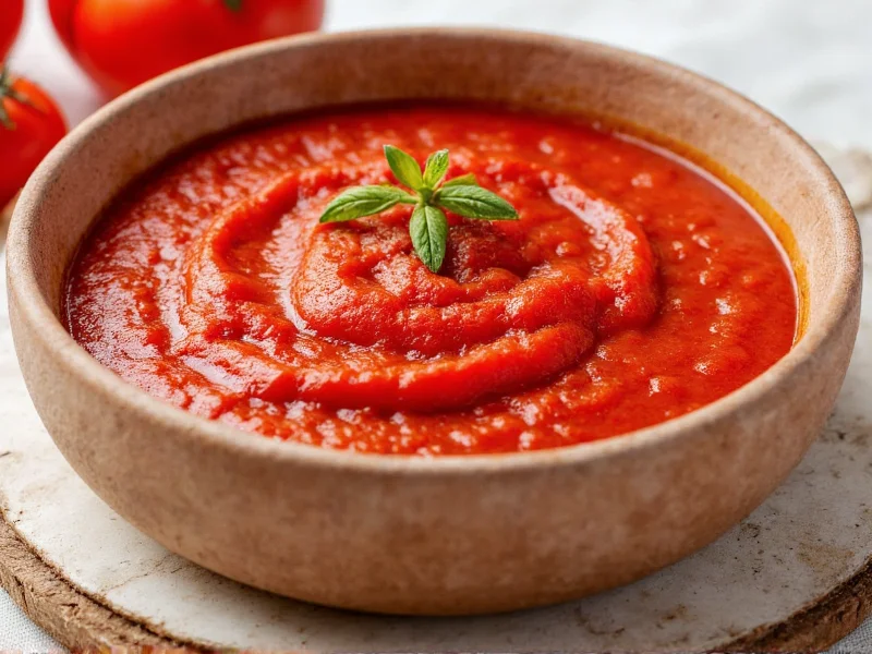Homemade fresh tomato pizza sauce in ceramic bowl