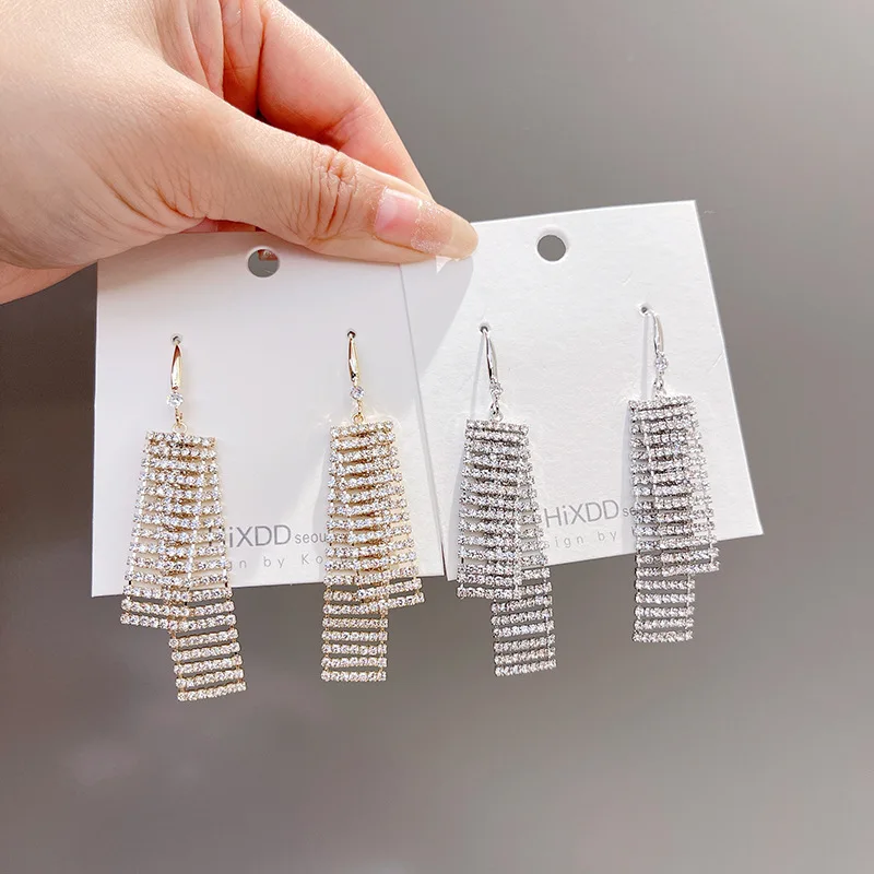 

Minimalist Style Gold Plated Full Paved Zirconia Geometric Earrings Ins Shiny Silver Plated Diamond Long Square Earrings