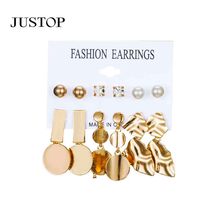 

6 Pairs/set Geometric Round Rectangle Gold Plated Alloy Drop Earrings For Women Pearl Rhinestone Ball Stud Earrings Jewelry