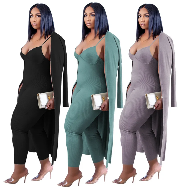 

D13266 fall 2021 women clothes V-neck suspender knitted cloak skinny jumpsuit lounge set women 2 piece set