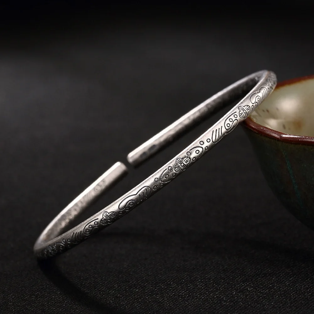 

Solid 999 Sterling Silver Bangle Bracelet For Women Handmade Fish Engraved Opening Bangle