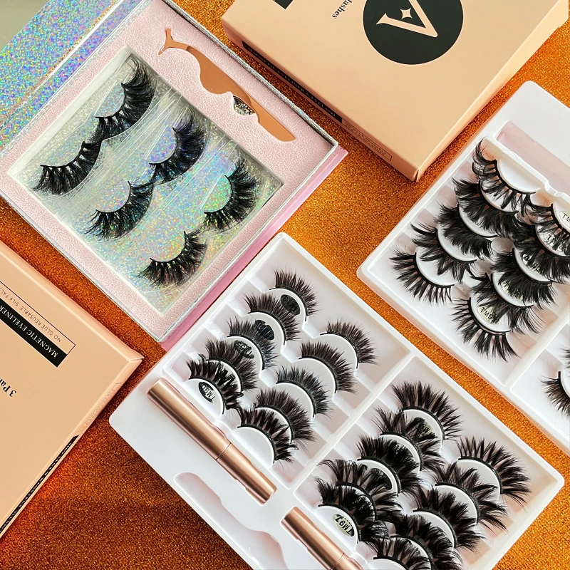 

Newest wholesale faux mink magnetic false eyelash set packaging box silk lashes magnetic eyelashes with eyeliner, Natural black