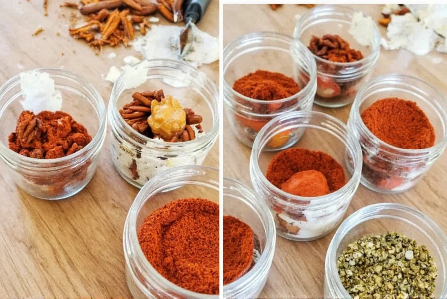 Spice jars lined up on a kitchen shelf
