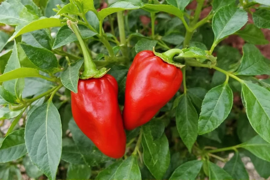 Goat horn pepper plant showing mature red peppers growing on bush with dark green leaves
