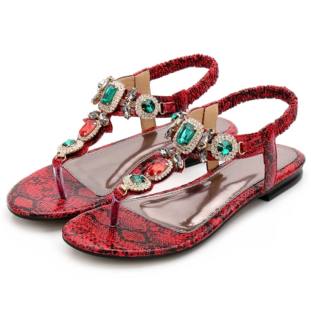 

Large size women's shoes retro rhinestone sandals summer new beaded clip flats