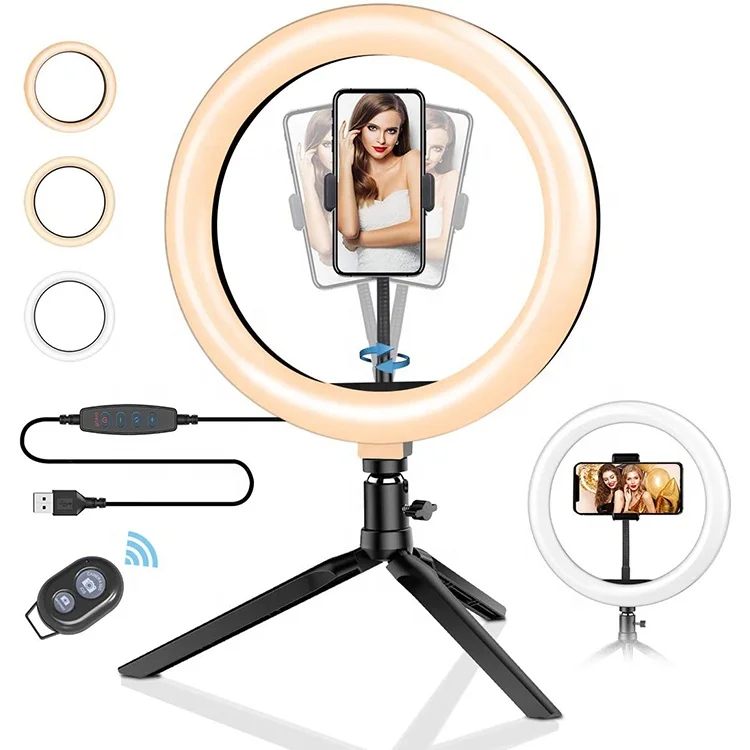 

Dimmable LED Desktop Live Broadcast Support Ring Light With Tripod Stand Cell Phone Holder, Black