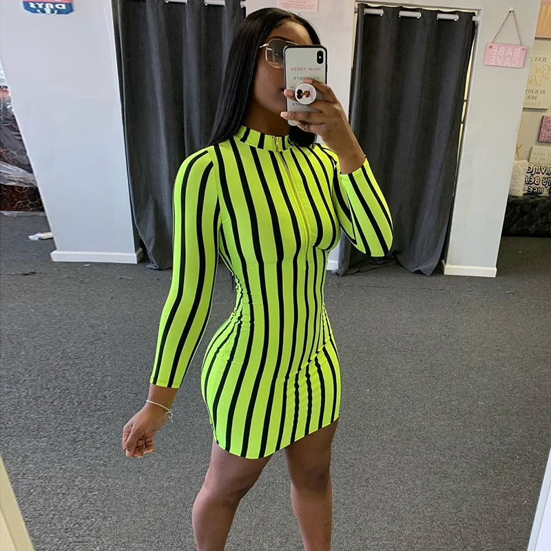 

Contrast Stripe Long Sleeve Zipper Up Club Sexy Body con Fashion Dresses Women, Customized