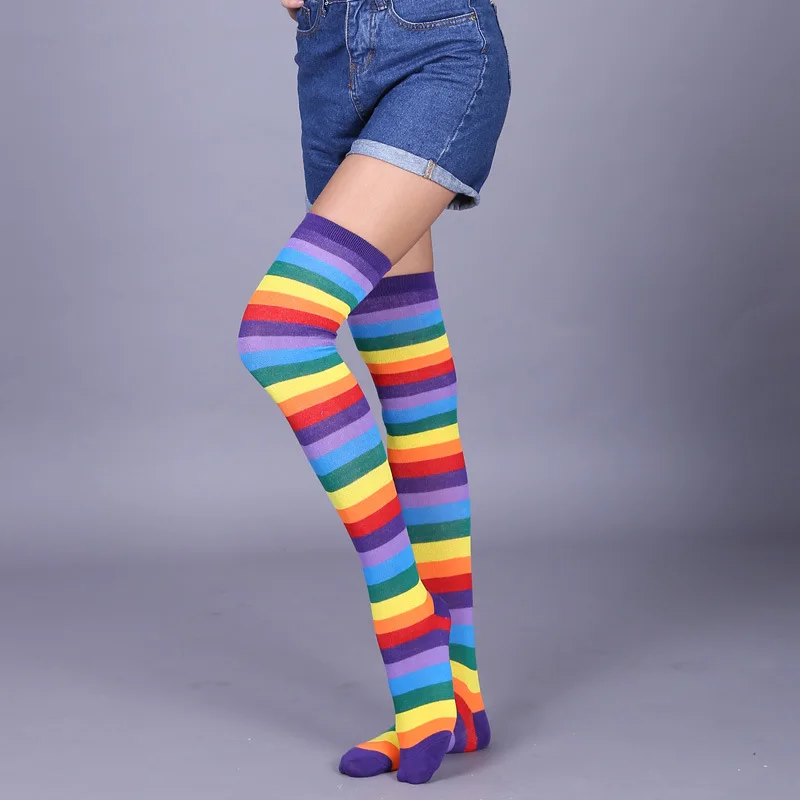 

JULY'S SONG Over Knee High Women Socks Colorful Stripe Ladies Long Socks Wholesale Girls Tight High Tube Socks, Picture shown