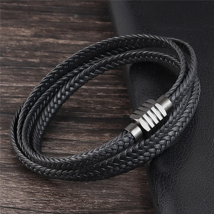 

New Year Fashion Stainless Steel Clasp Multi-layers Braided Genuine Leather Mens Jewelry Bracelets