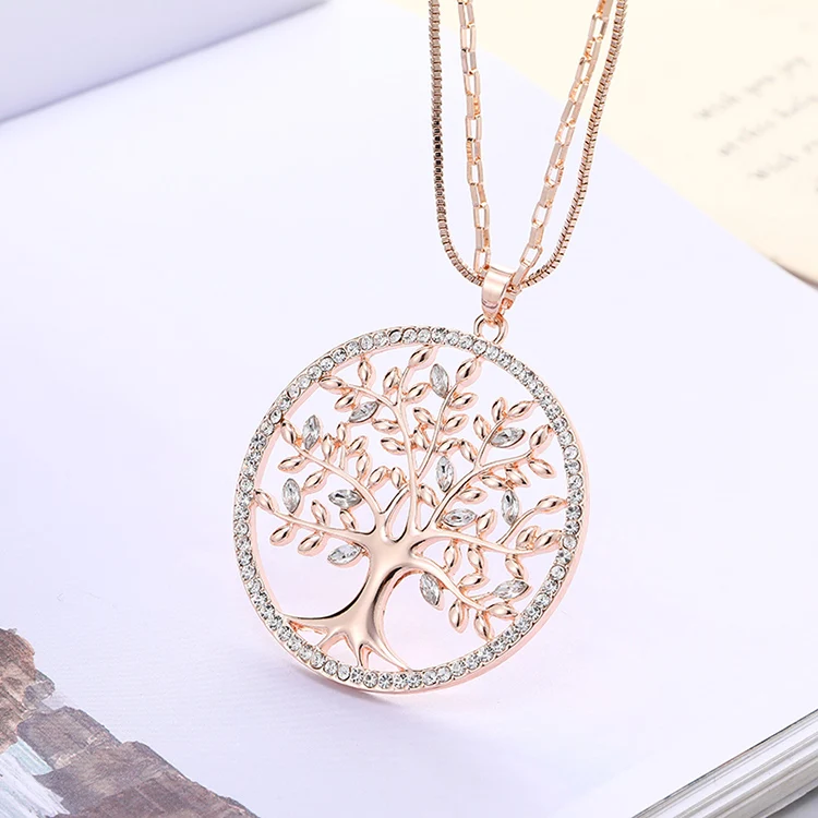 

New Design Double Chain Crystal Tree Of Life Pendant Necklace Women Gold Long Necklace Gift For Friend Jewelry Accessories, White k,rose gold,gold