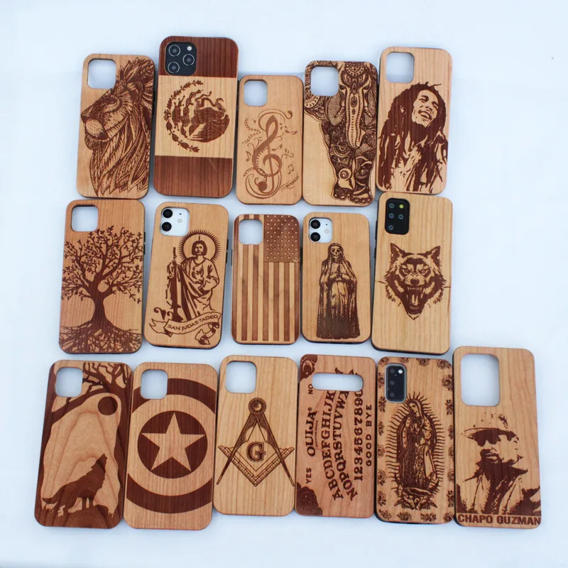 

1 batch = 5 Pieces New Custom Design Engraved Wood Phone Case for iPhone Natural Wooden Bamboo Case Cover For iPhone 13 12 11