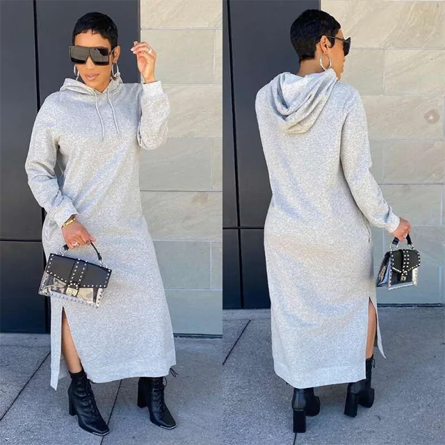 

2021 Casual Autumn Clothes Gray Simple Style Ladies Hooded Collar Long Sleeve Hem Slit Maxi Dress
