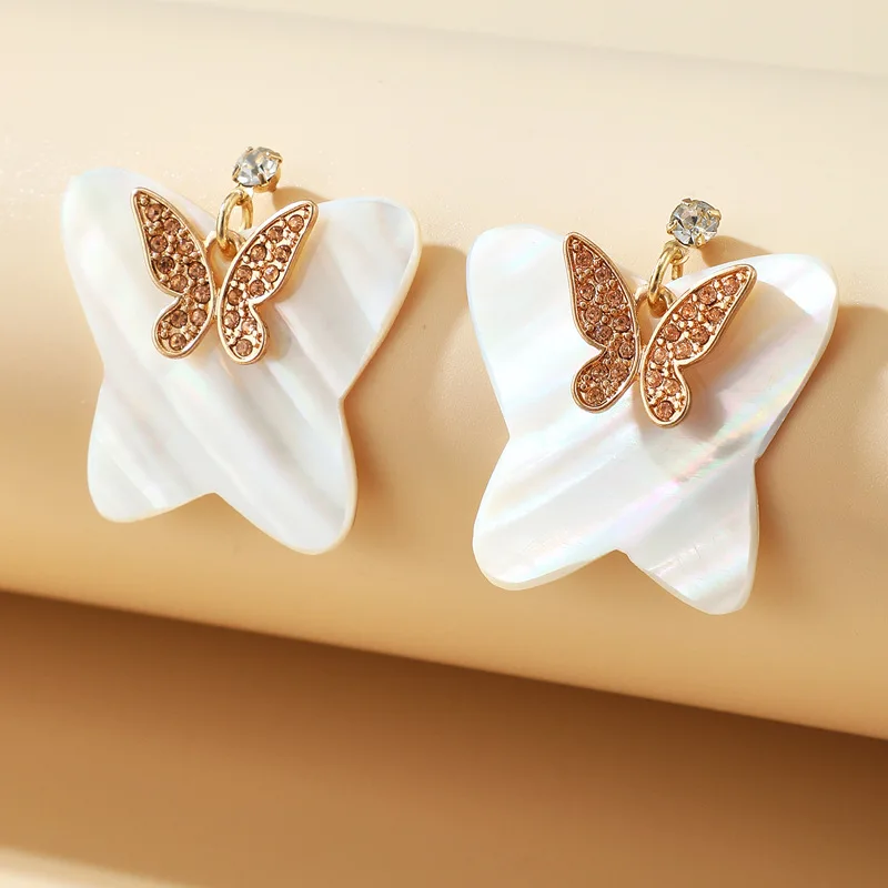 

2020 Best Selling White Shell Material Double Deck Pink Crystal Butterfly Earrings For Party