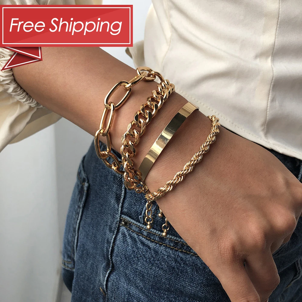 

2021 Trending jewelries accessories joyas gold plated alloy curb cuban rope link chain women stacked bracelet sets, Gold/steel