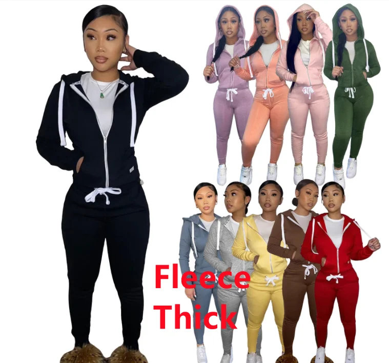 

2021 fall wholesale female zipper up hoodie set soild thick cotton Sweatsuit woman Drawstring tracksuit two piece jogger Set