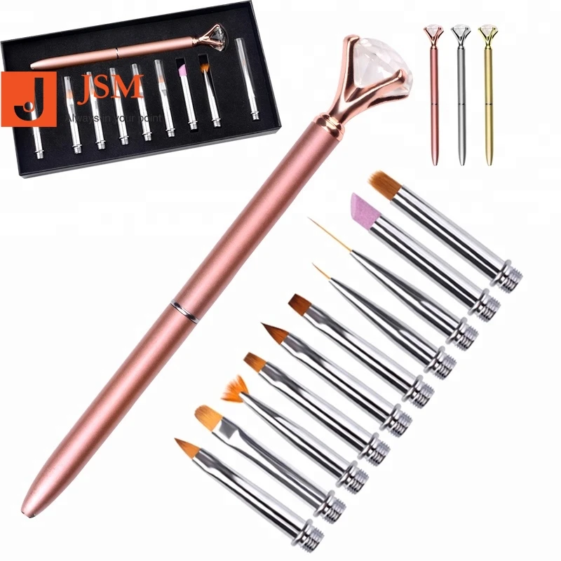 

Gold Silver Rose Crystal Nail Art Pen Brush Set Replace Head Cuticle Remover Drawing Painting Liner Design Tool