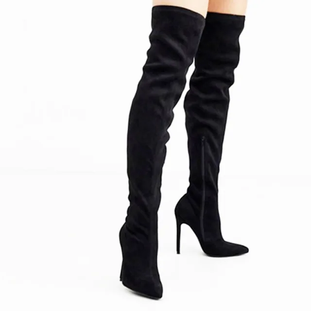 

Black Suede Pointed Toe Stiletto Thigh Boots Inner Zip Over The Knee Black Boots Sexy Nightclub Queen Boots