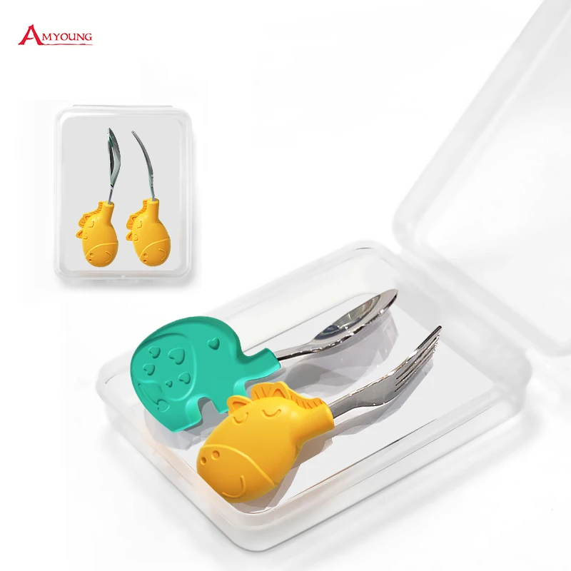 

New Design Elephant Cartoon Soft baby Spork spoon fork set silicone spoon for baby, Customized color