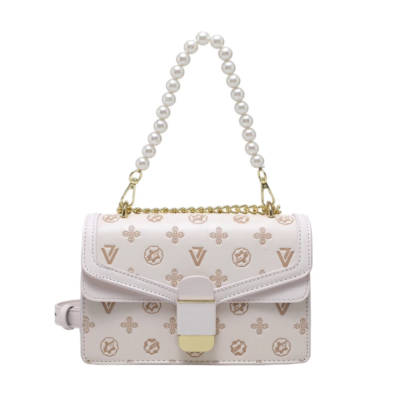 

Women's bag 2021 autumn new fashion pearl chain handbag textured embossed single shoulder diagonal bag
