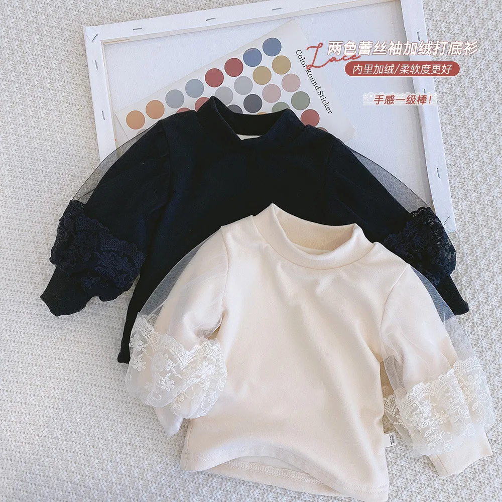 

Winter new girls lace sleeves plus velvet bottoming shirt baby girl puff sleeve round neck black apricot warm top, 2 colors