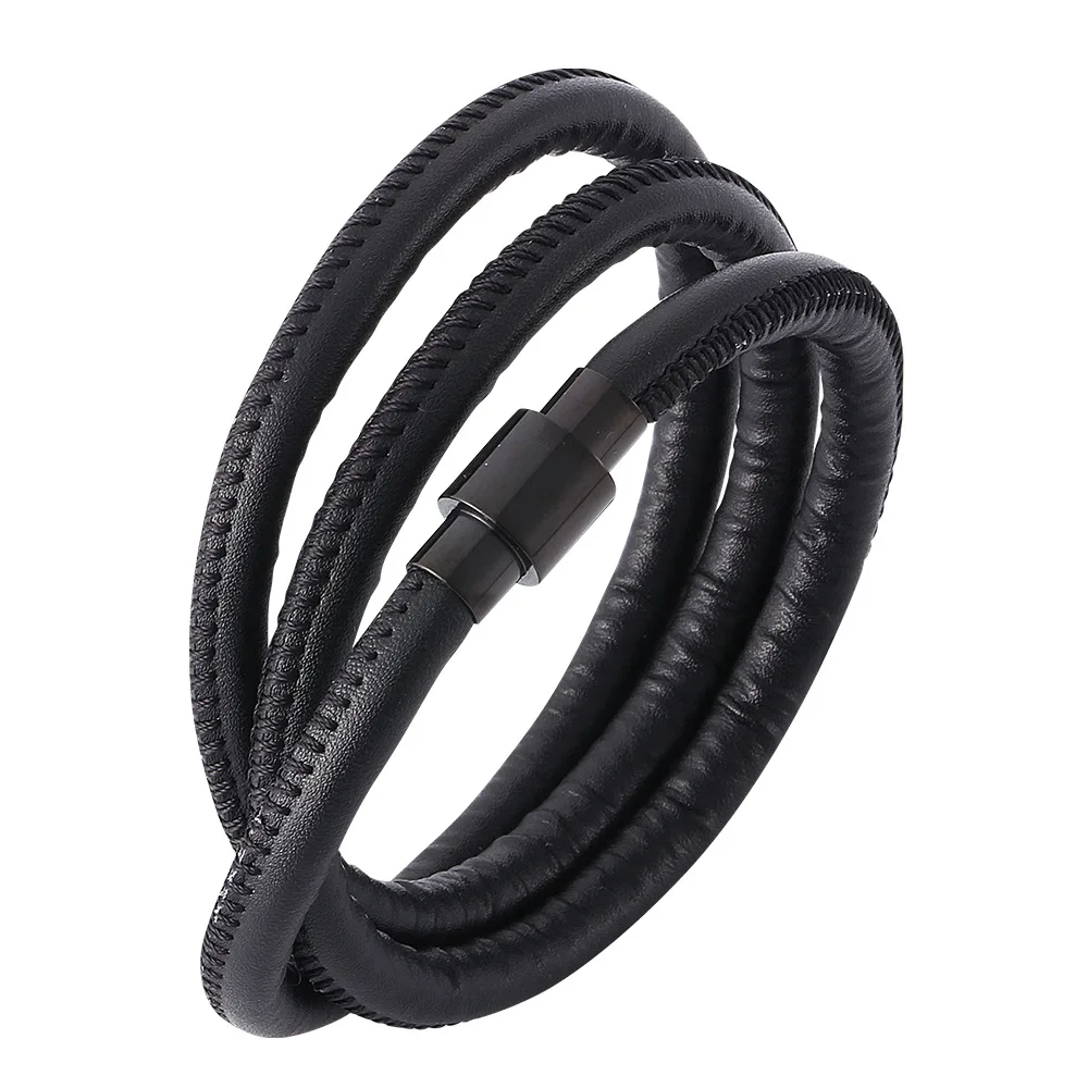

Factory Price Three Layer Simple Wrist Band Black Magnetic Clasp Man Bracelet Set Leather