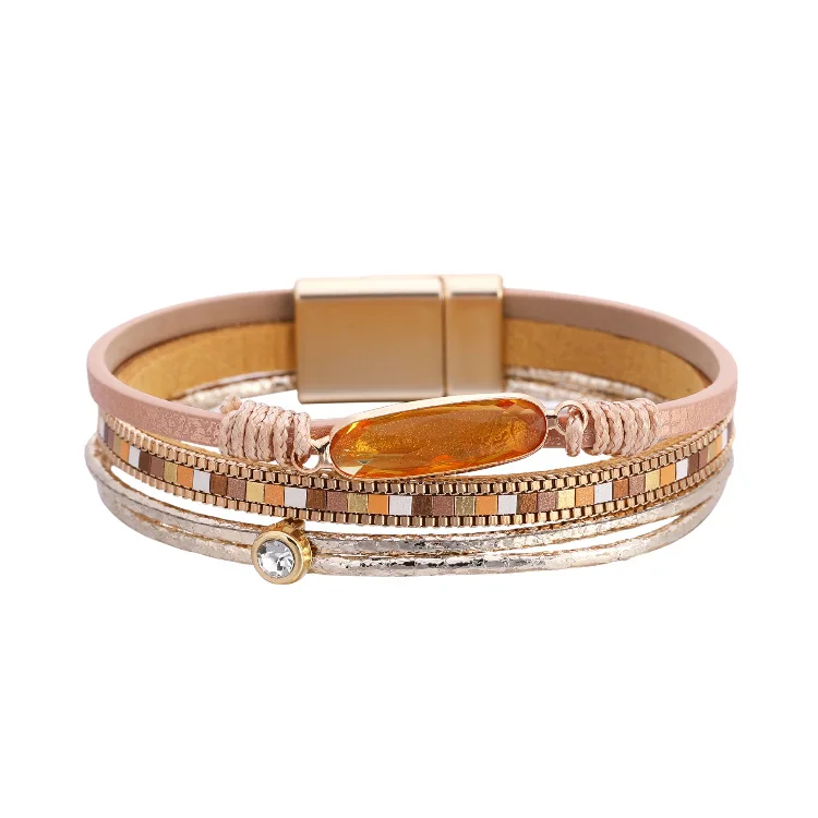

Ethnic Stylish Crystal Leather Wrap Bracelet Boho Fashion Multilayer Rhinestone Magnetic Claps Wrap Bracelet