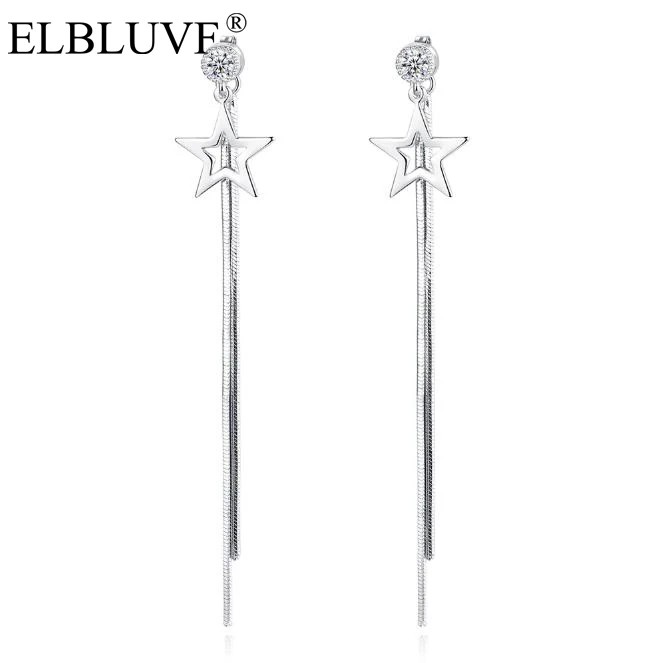 

ELBLUVF Free Shipping Copper Silver Plated Bohemia Fashionable Personality Five Stars Long Tassel Earrings For Lady, White gold