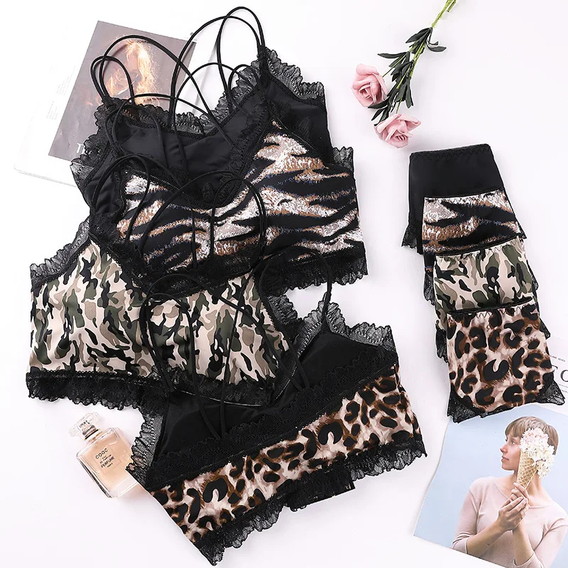 

OEM Dropshipping Fashion Lingeries Animal Print Sexy Leopard Workout Bra and Panties Set