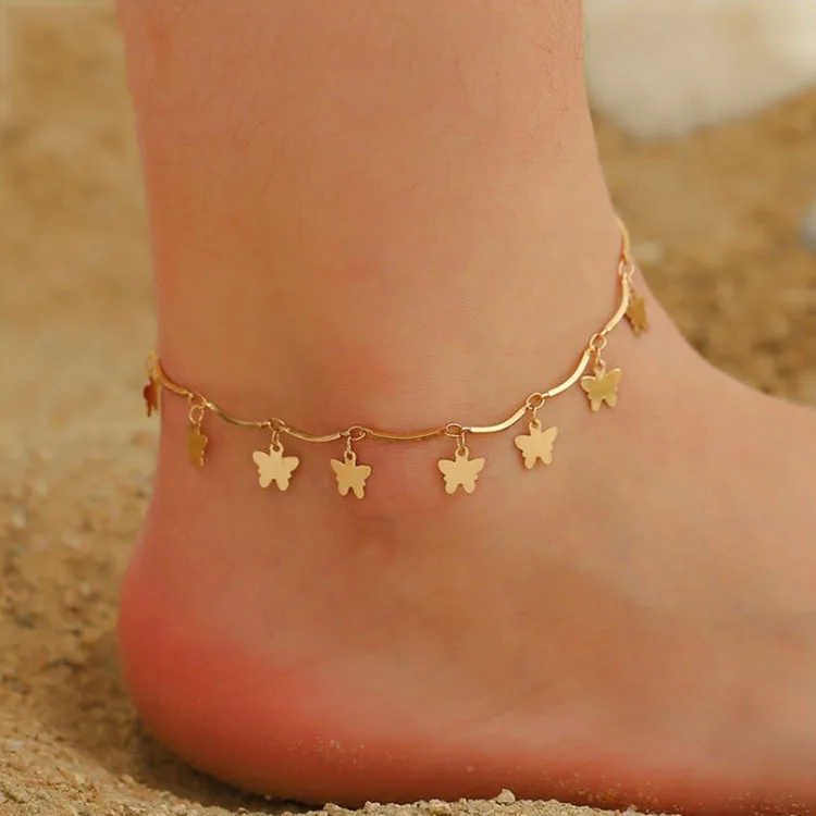 

Fashion shiny rhinestone butterfly anklet ins wind simple insect pendant foot tide beach foot chain for women, Gold \silver color