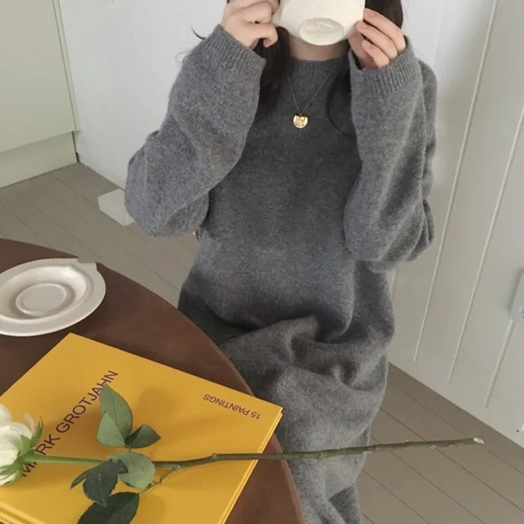 

Korean Version Of Knitted Women's Lazy Temperament Loose Long Sweater Dress Solid Color Inner Base Dress, Shown